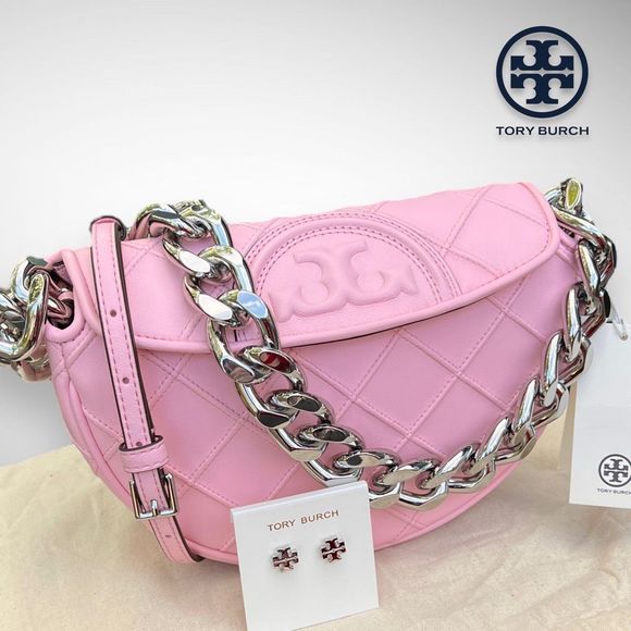 Tory Burch Handbags - AUTH NWT Tory Burch Fleming Soft Crescent Bag Pink Plié & Kira Silver Studs $576